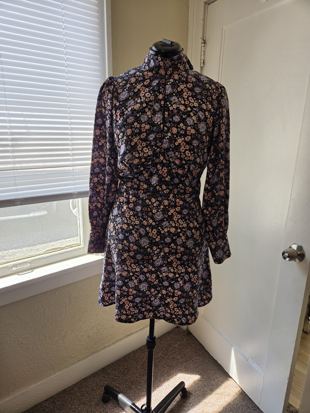 Divided Floral High-Neck Long Sleeve Mini Dress